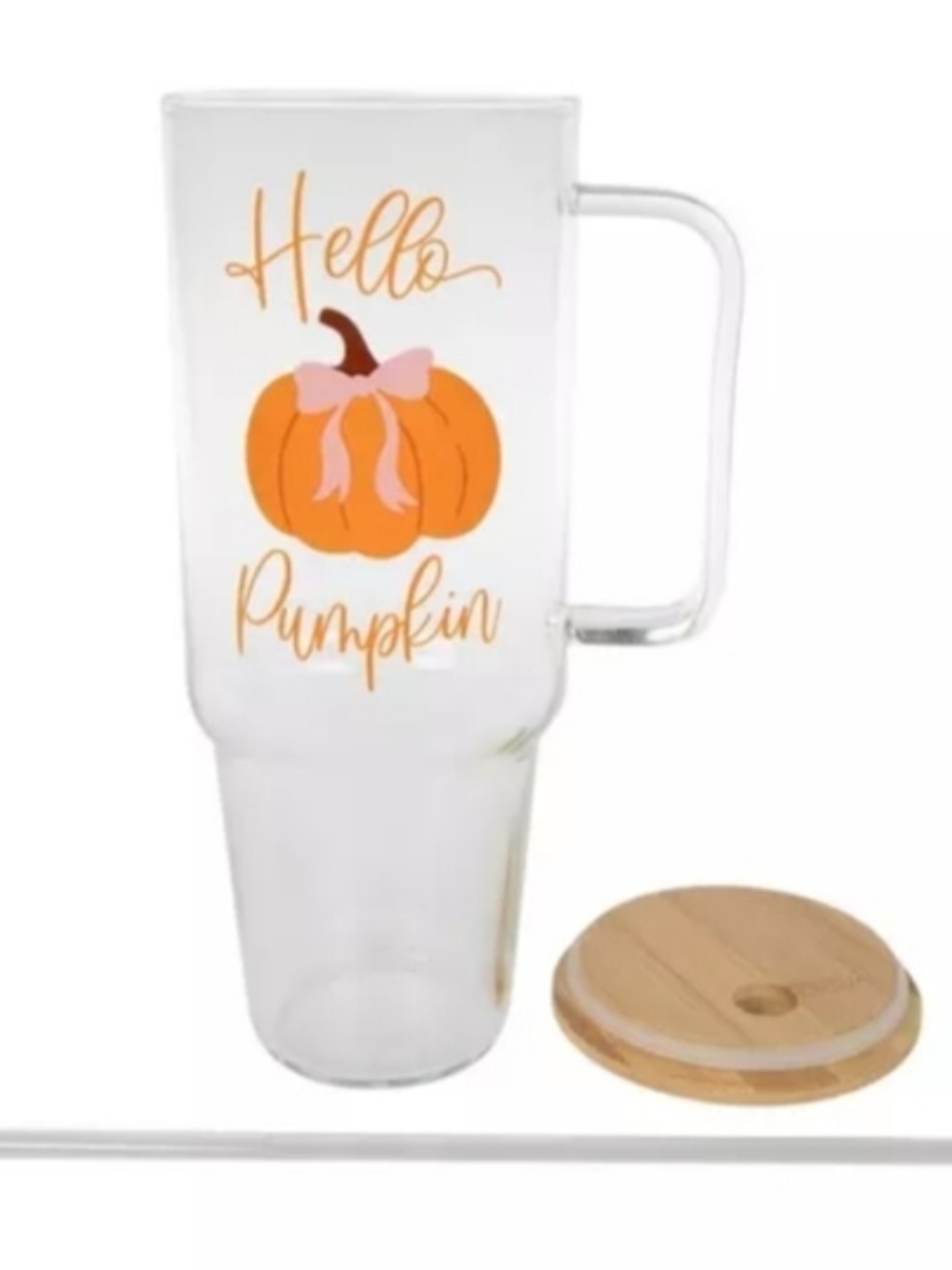 Hello Pumpkin Insulated Glass Mug with Bamboo Lid - Orange/Pink